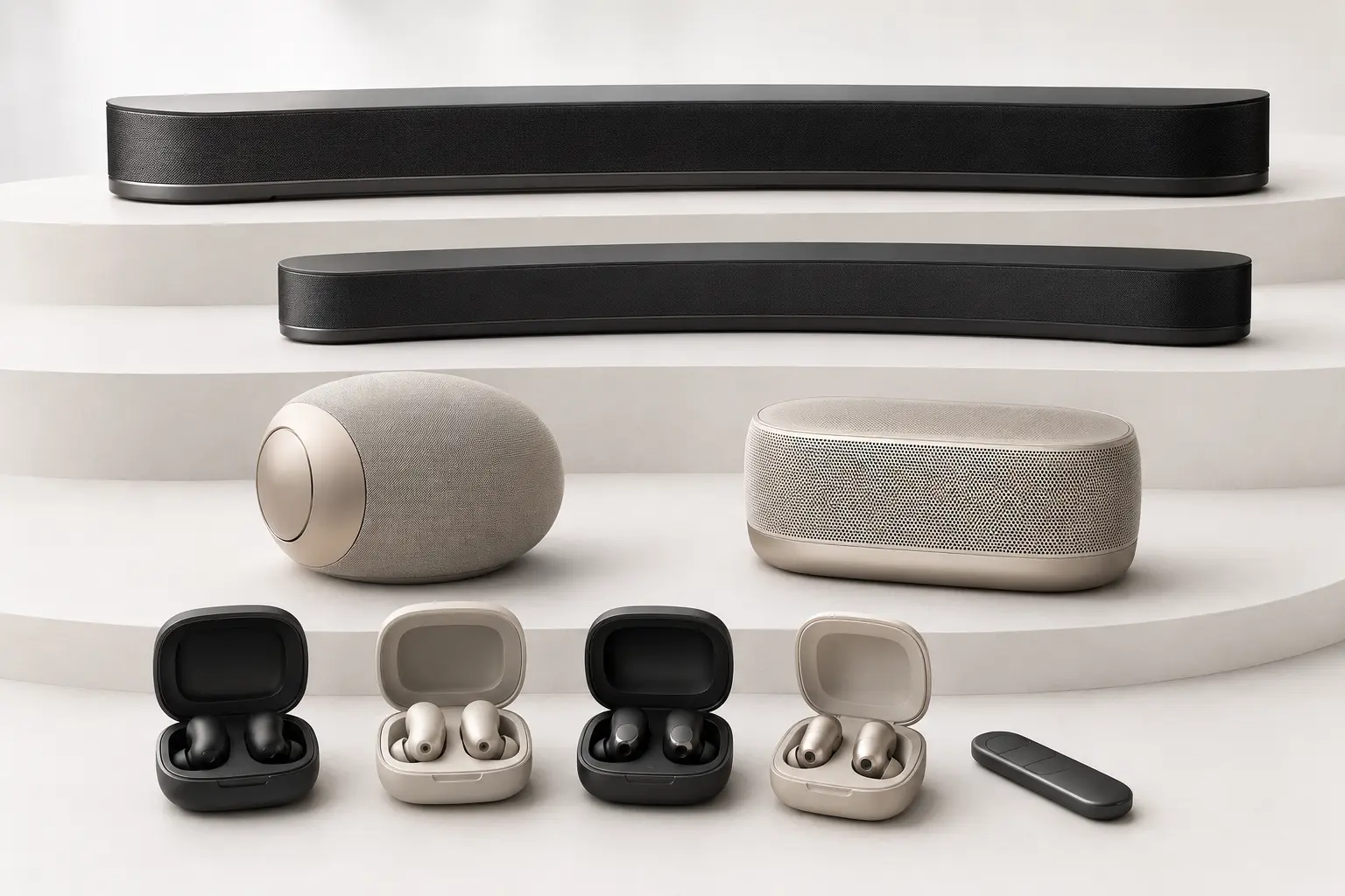 ภาพจำลองสินค้าแบบสมจริง หูฟัง Gemini และ Soundbar Dione สำหรับรับซื้อ Devialet สำหรับหน้ารับซื้อ Devialet