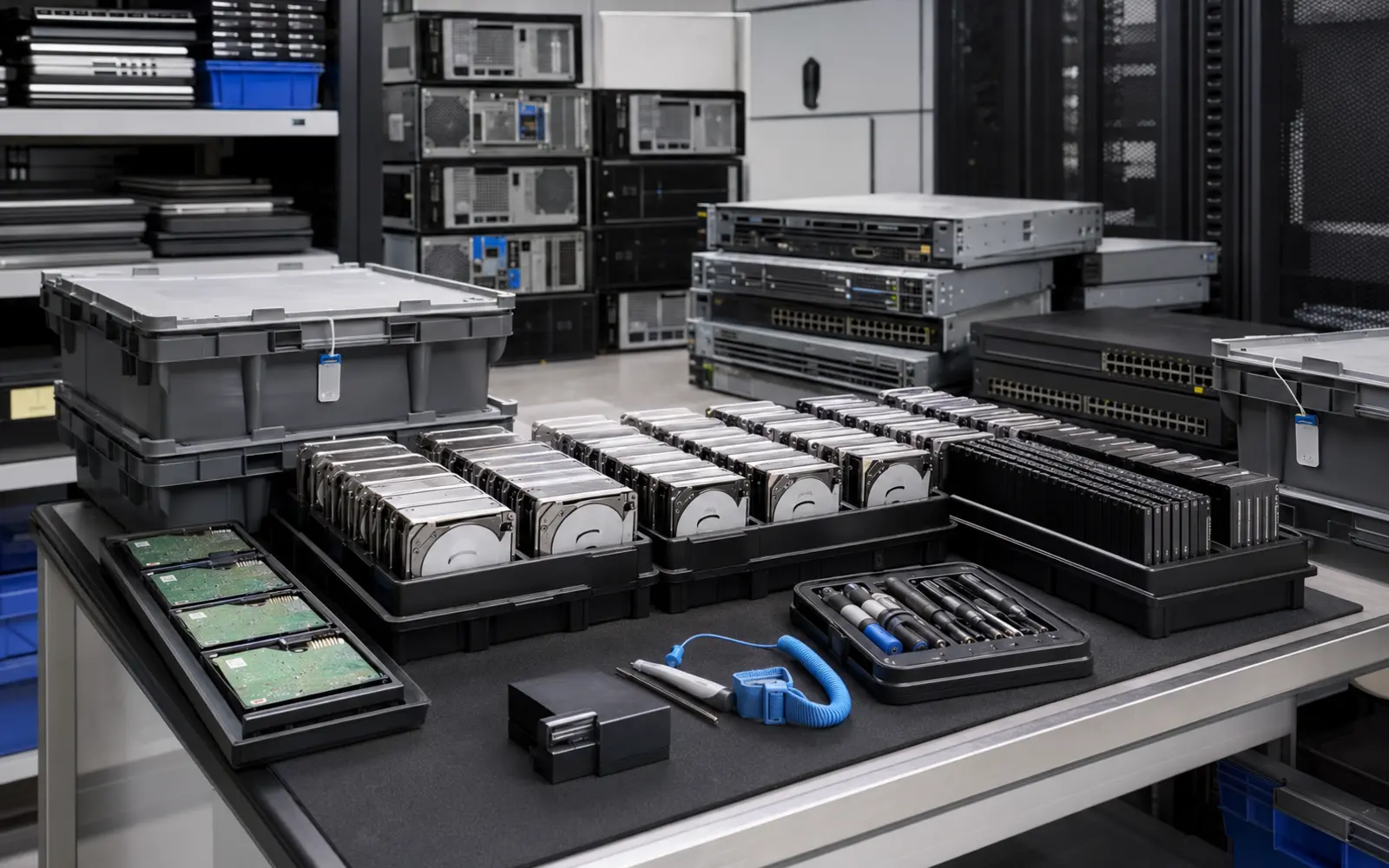 ภาพสมจริงฮาร์ดดิสก์ Server และอุปกรณ์ไอทีจัดเรียงในกระบวนการ Data Sanitization สำหรับหน้ารับซื้อ อุปกรณ์ไอทีเลิกใช้ E-waste และ Data