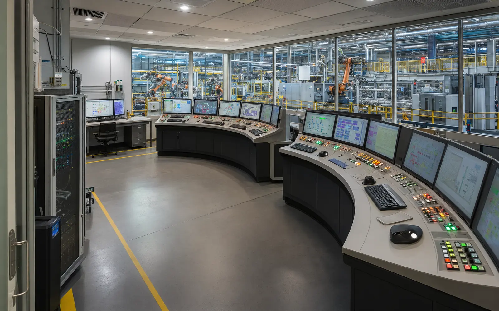 ภาพสมจริงห้องควบคุมโรงงานที่มี Industrial PC และจอตรวจสอบระบบหลายชุด กลุ่ม คอมพิวเตอร์และอุปกรณ์ไอทีโรงงาน