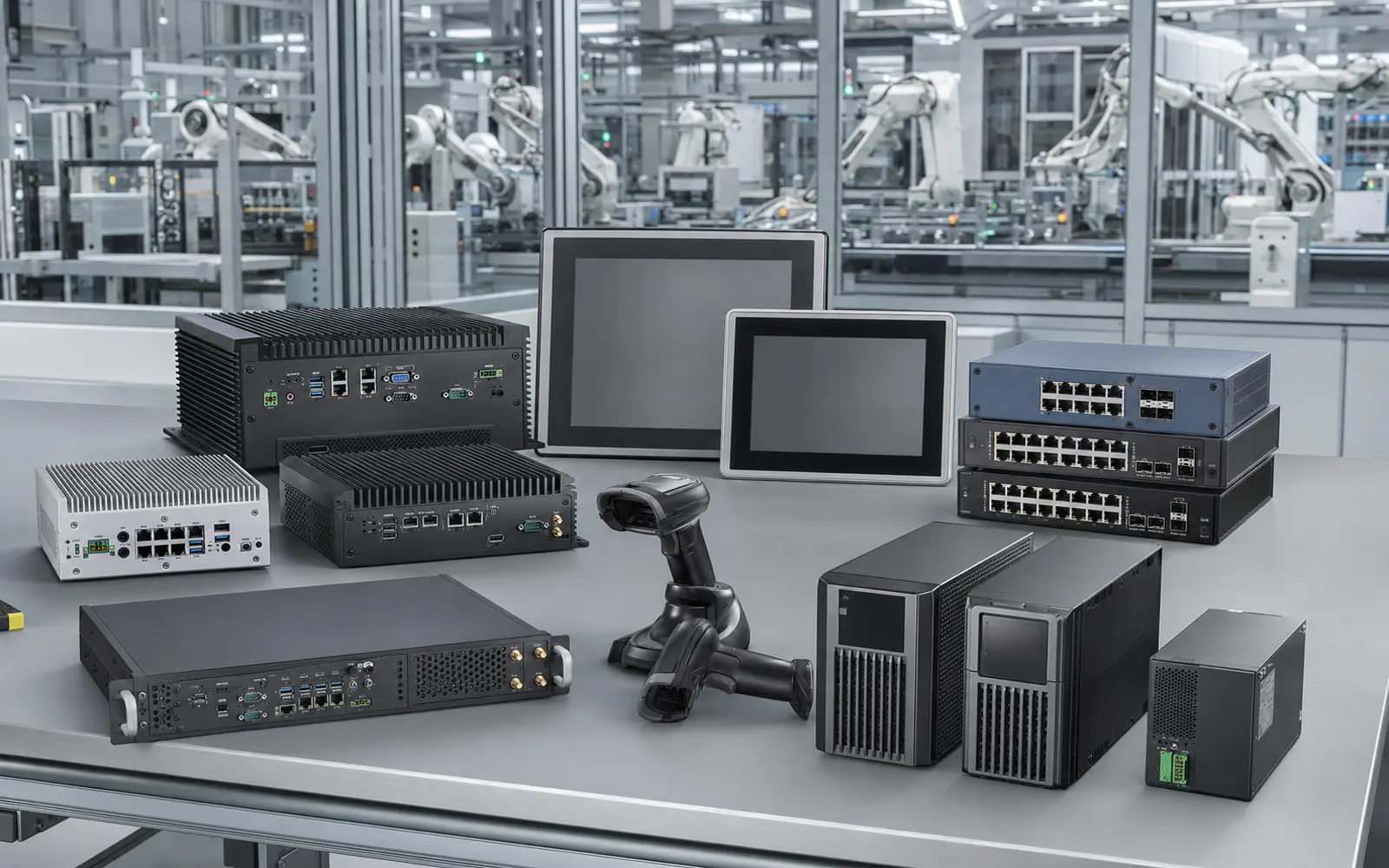 ภาพสมจริงโต๊ะตรวจอุปกรณ์ไอทีโรงงานที่มี Industrial PC จอ HMI สวิตช์เครือข่าย และ UPS สำหรับหน้ารับซื้อ คอมพิวเตอร์และอุปกรณ์ไอทีโรงงาน
