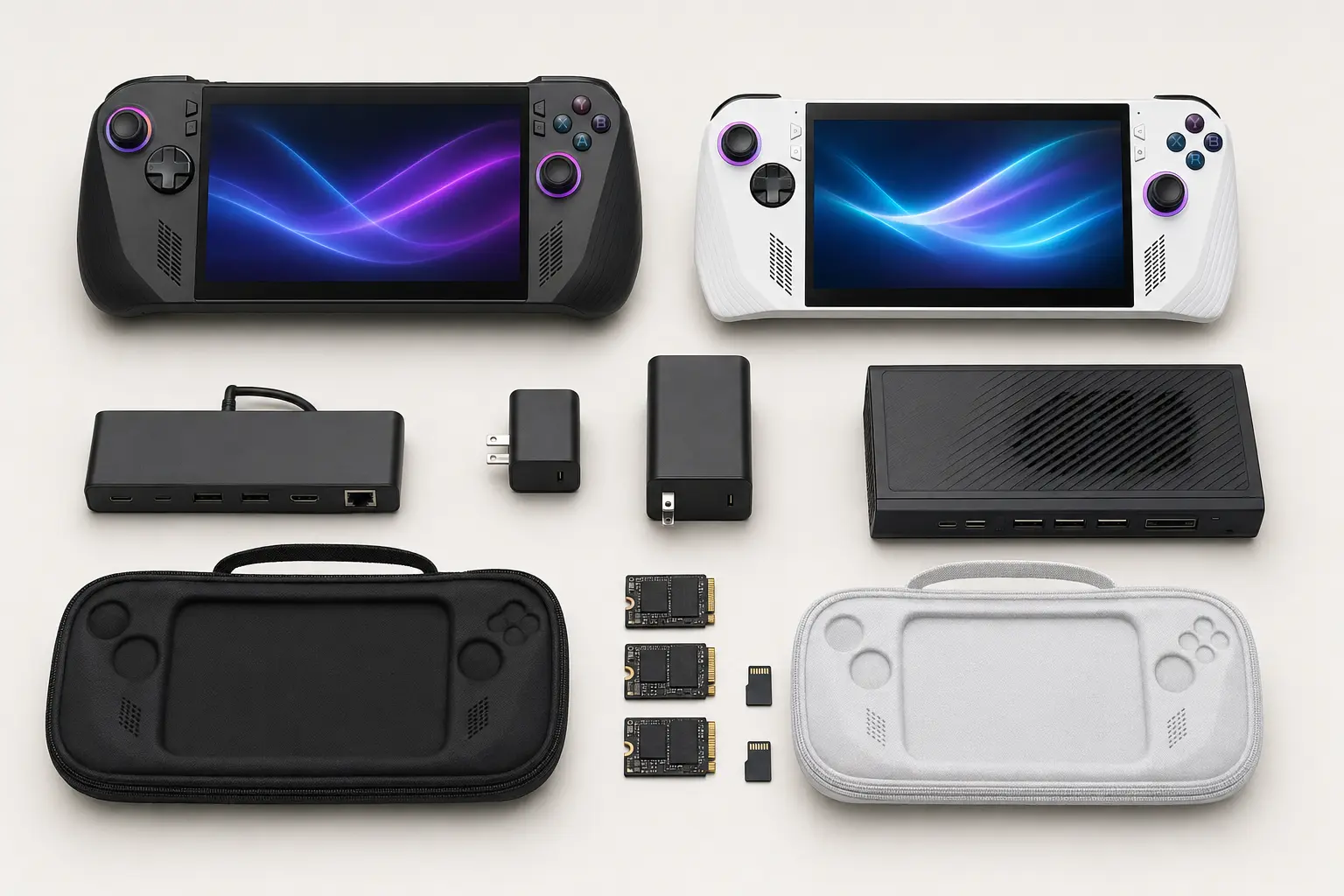 ภาพจำลองสมจริง ROG Ally พร้อม Dock, Charger, Case และ SSD สำหรับหน้ารับซื้อ ASUS ROG Ally