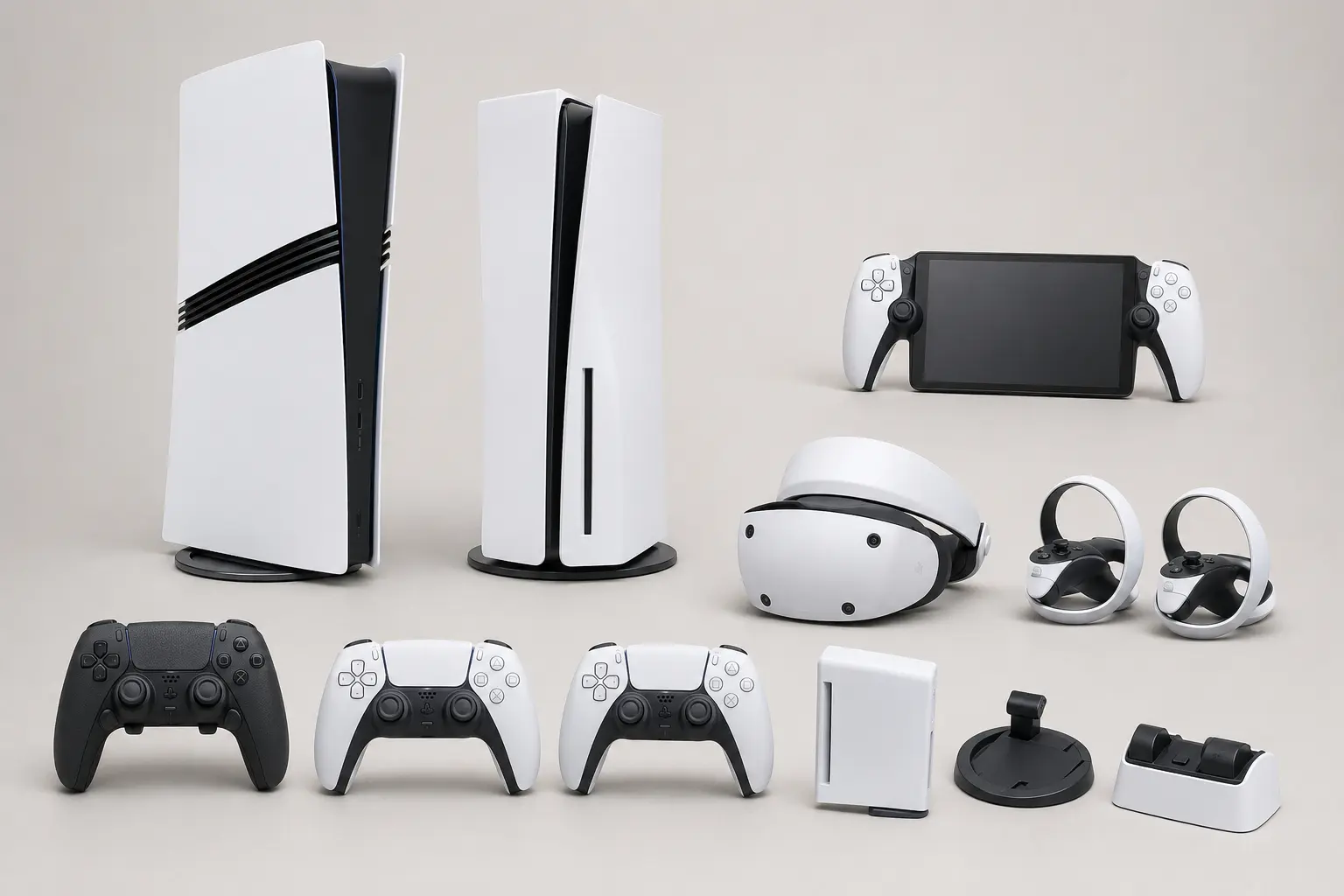ภาพจำลองสมจริงชุด PlayStation, Portal, PS VR2, Controller และ Disc Drive สำหรับหน้ารับซื้อ PlayStation