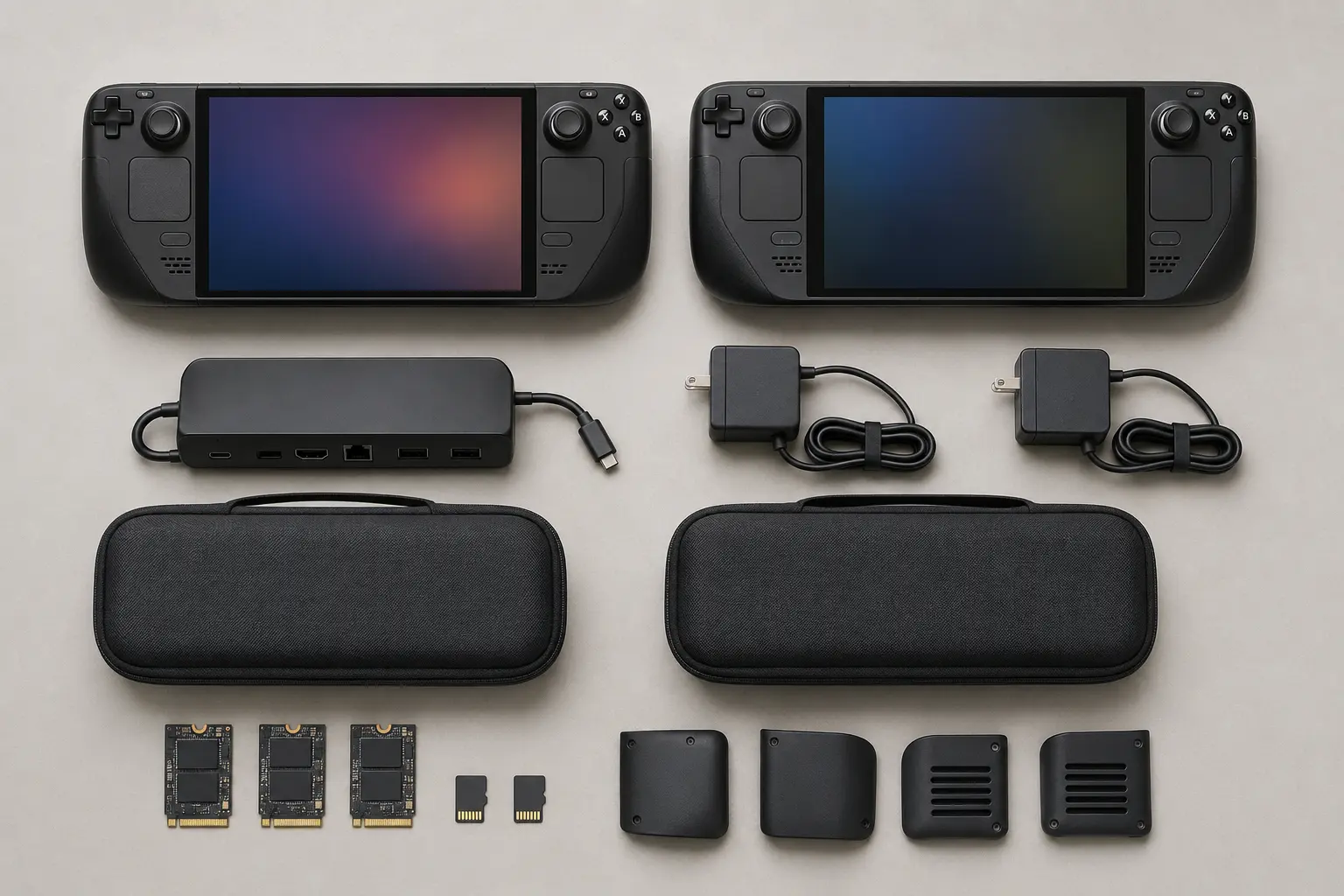 ภาพจำลองสมจริง Steam Deck พร้อม Dock, Charger, Case และ SSD สำหรับหน้ารับซื้อ Steam Deck