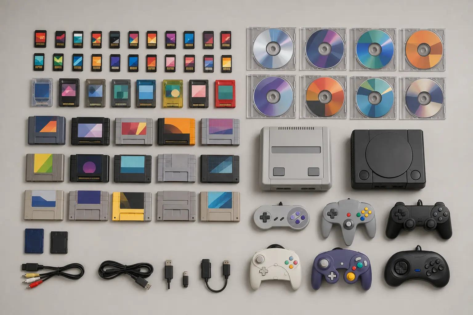 ภาพจำลองสมจริงตลับเกม แผ่นเกม และอุปกรณ์ Retro หลายระบบ สำหรับหน้ารับซื้อ VR, Retro Console และตลับเกม