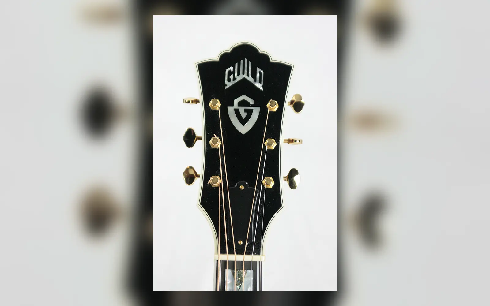 ภาพถ่ายจริงหัวกีตาร์ Guild D-55 เห็นโลโก้ Guild อินเลย์และลูกบิดสีทองชัดเจน กลุ่ม Guild