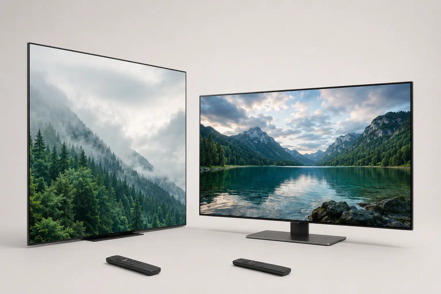 ภาพจำลองสมจริงทีวี 4K พร้อมขาตั้งและรีโมตจัดวางเต็มสัดส่วน สำหรับหน้ารับซื้อ TV 4K