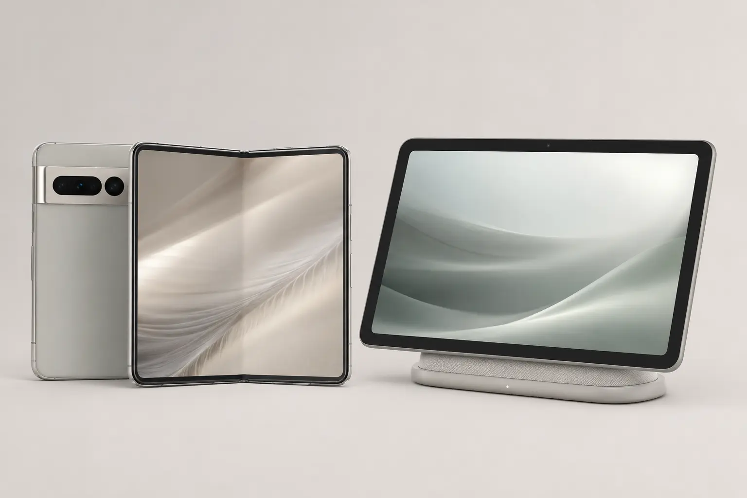 ภาพจำลองสินค้าแบบสมจริง Google Pixel Fold และ Pixel Tablet สำหรับหน้ารับซื้อ Google Pixel