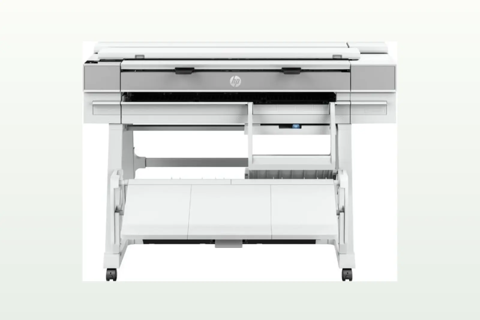 เครื่องพิมพ์จริง HP DesignJet T950 ขนาด 36 นิ้ว เห็นฐานและชุดป้อนกระดาษครบ สำหรับหน้ารับซื้อ HP Printer