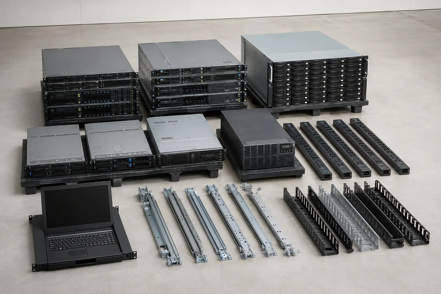 ภาพจำลองสมจริงอุปกรณ์ Data Center ยกล็อตพร้อม Rack Server UPS PDU และ KVM สำหรับหน้ารับซื้อ รับซื้ออุปกรณ์ Data Center ยกล็อต