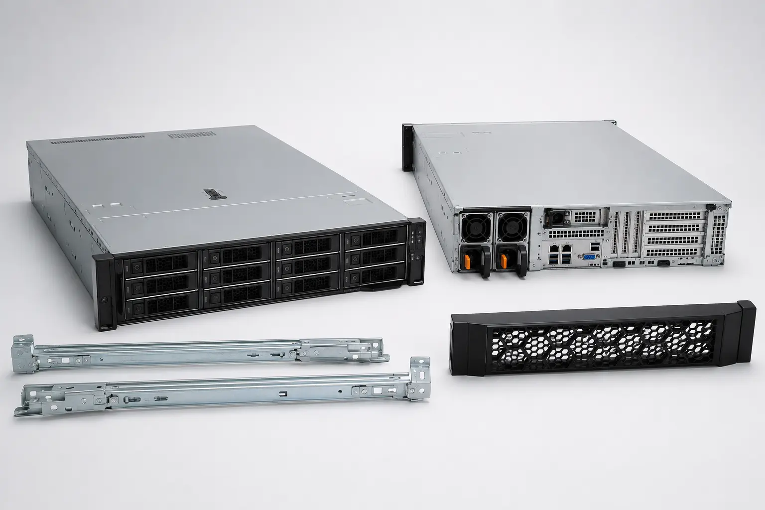 ภาพจำลองสมจริง PowerEdge ด้านหน้าและด้านหลังพร้อม Rail และ Bezel สำหรับหน้ารับซื้อ Dell PowerEdge