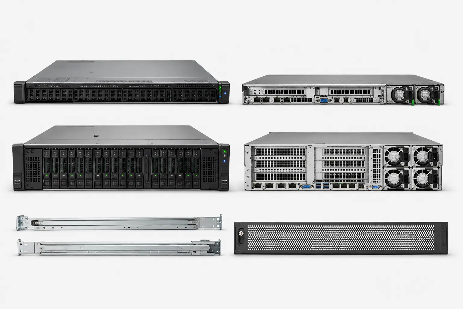 ภาพจำลองสมจริง ProLiant ด้านหน้าและด้านหลังพร้อมอุปกรณ์ติดตั้ง Rack สำหรับหน้ารับซื้อ HPE ProLiant