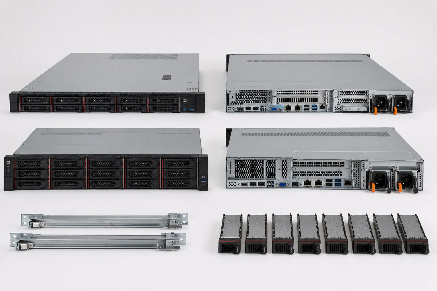 ภาพจำลองสมจริง ThinkSystem ด้านหน้าและด้านหลังพร้อม Drive Caddy สำหรับหน้ารับซื้อ Lenovo ThinkSystem