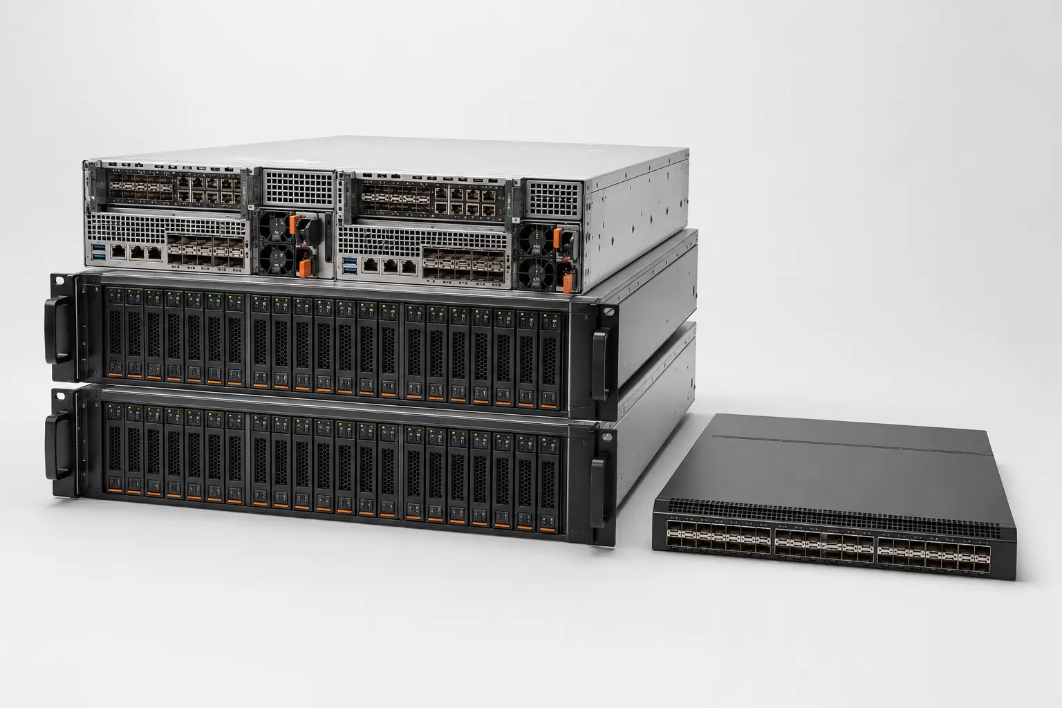 ภาพจำลองสมจริง SAN Controller Expansion Shelf และ Fibre Channel Interface สำหรับหน้ารับซื้อ Enterprise Storage และ SAN