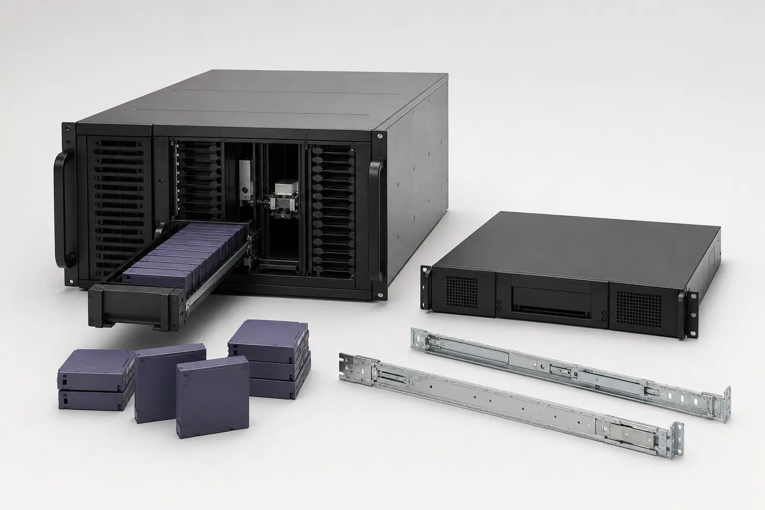 ภาพจำลองสมจริง Tape Library พร้อม Magazine และตลับ LTO สำหรับหน้ารับซื้อ Tape Library และ Backup