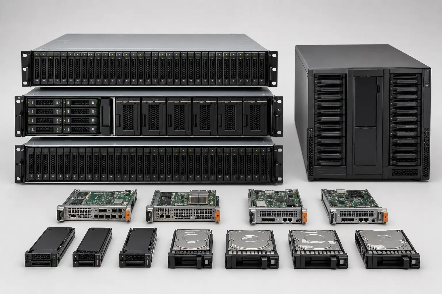ภาพจำลองสมจริง SAN, All-Flash, JBOD และ Tape Storage ระดับ Data Center สำหรับหน้ารับซื้อ Enterprise Storage / SAN