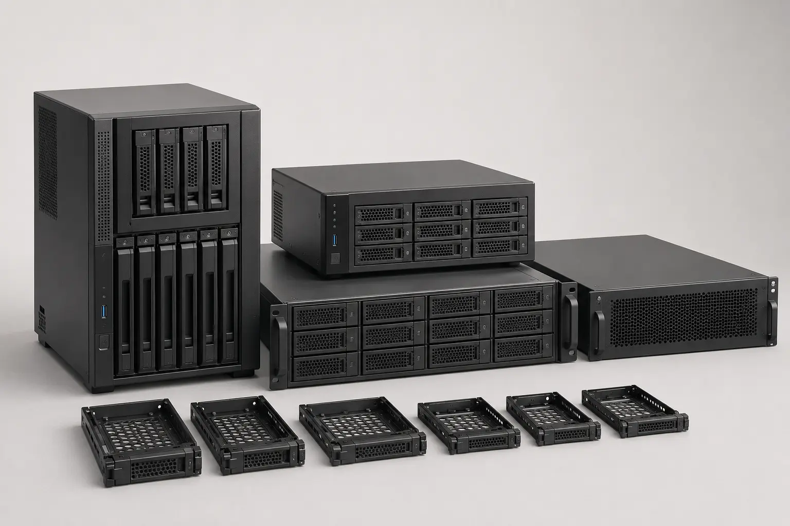 ภาพจำลองสมจริง Hybrid NAS, NVMe NAS และ Storage Expansion สำหรับหน้ารับซื้อ QNAP / ASUSTOR NAS