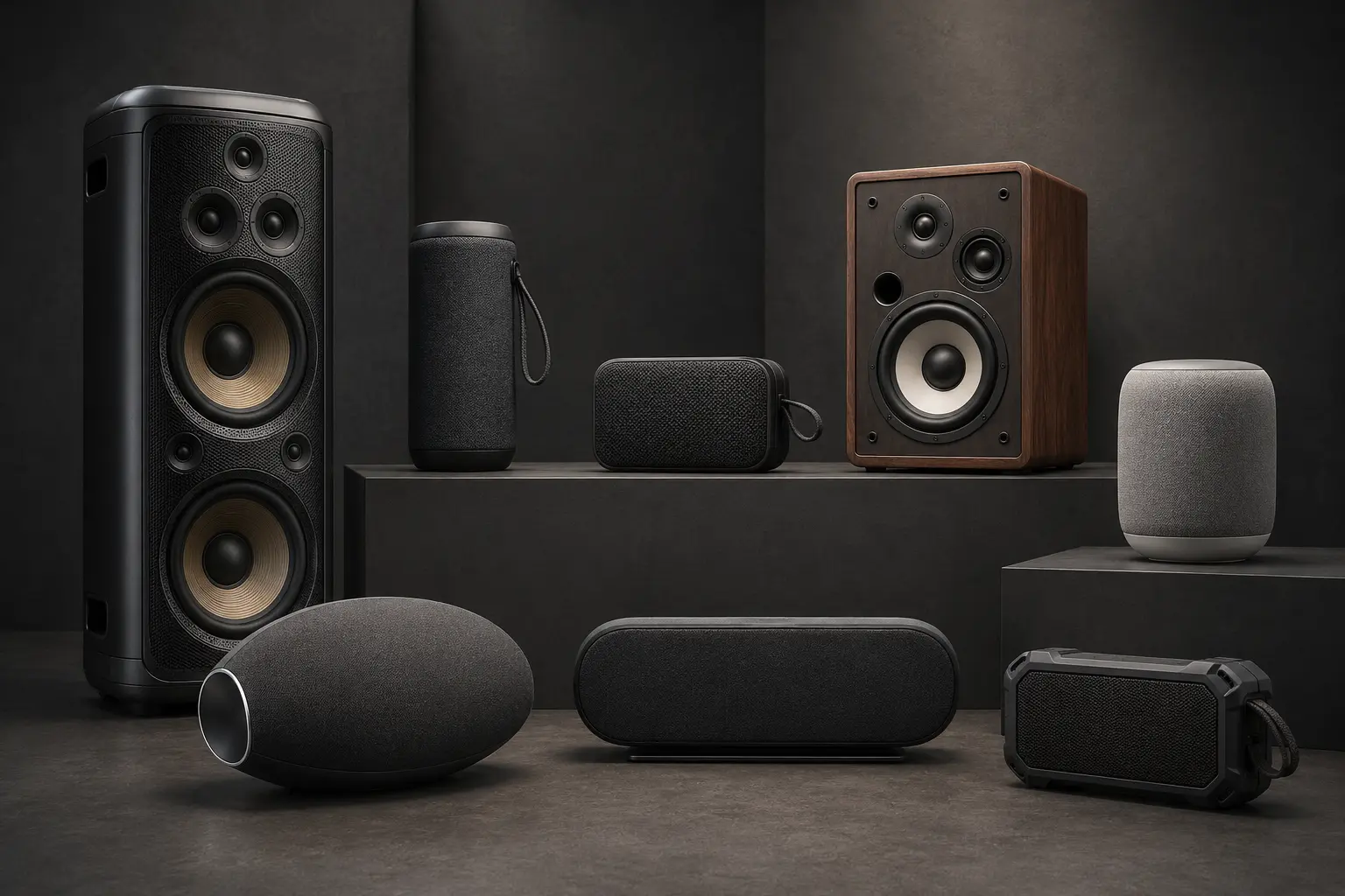 ภาพจำลองสินค้าแบบสมจริงลำโพง Bluetooth หลายรูปแบบจัดวางเต็มสัดส่วน