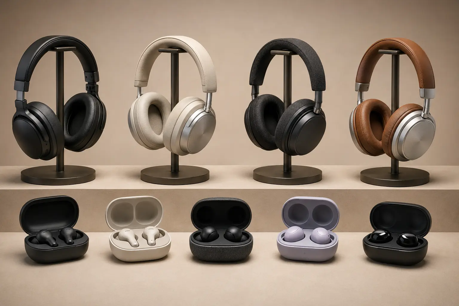 ภาพจำลองสินค้าแบบสมจริงหูฟังครอบหูและ True Wireless หลายรูปแบบ สำหรับหน้ารับซื้อ ลำโพง หูฟัง และ Soundbar