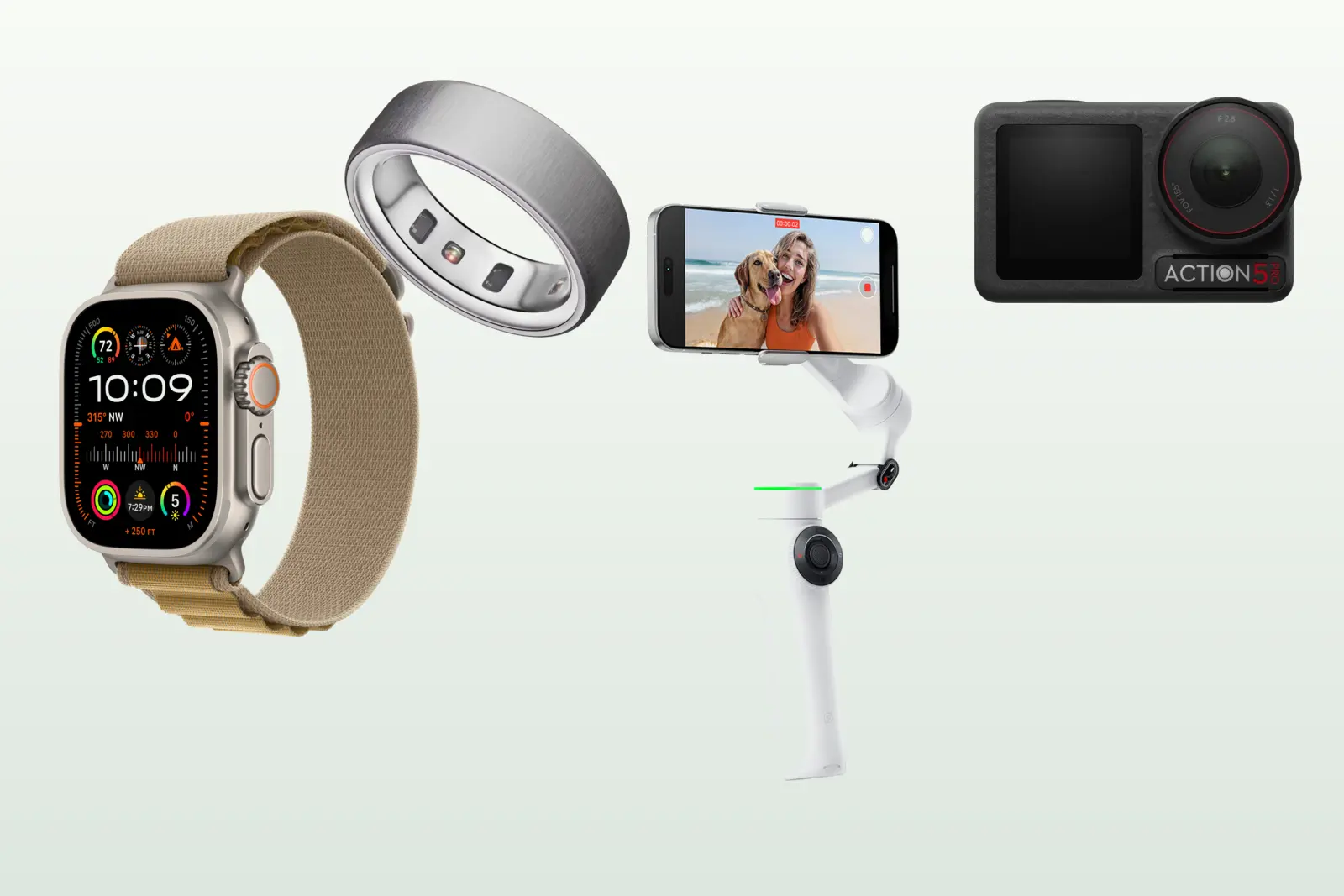 ภาพสินค้าจริง Smartwatch, Smart Ring, Gimbal และ Action Camera จัดวางเห็นอุปกรณ์ครบ