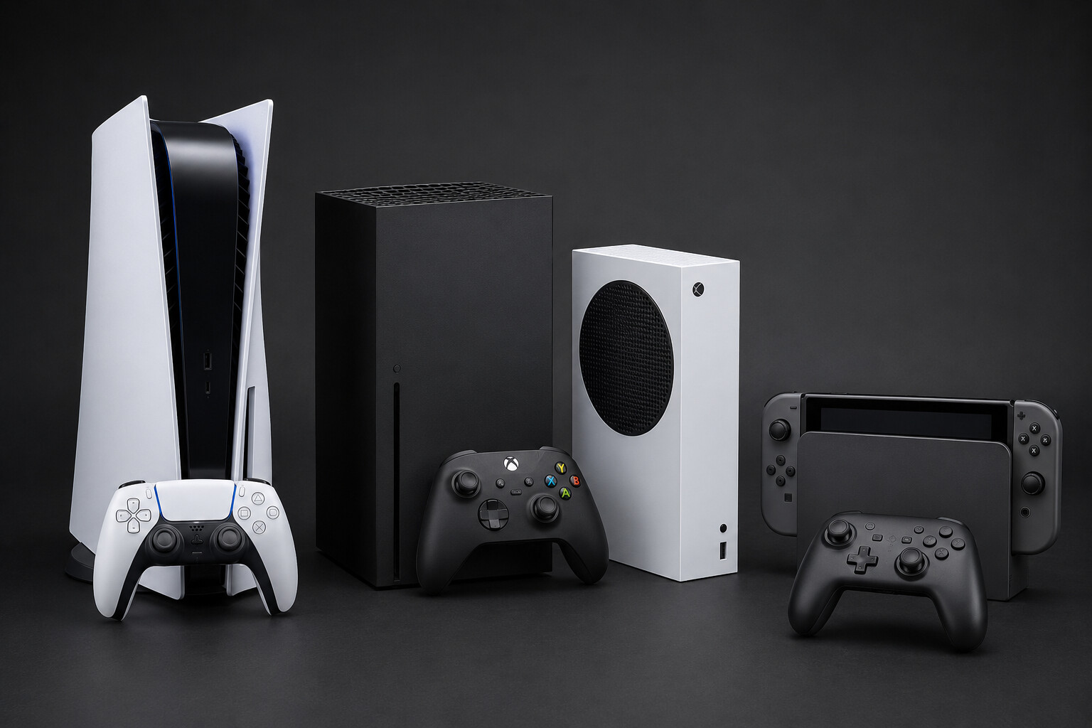 ภาพจำลองสมจริง PlayStation 5, Xbox Series และ Nintendo Switch จัดวางร่วมกัน