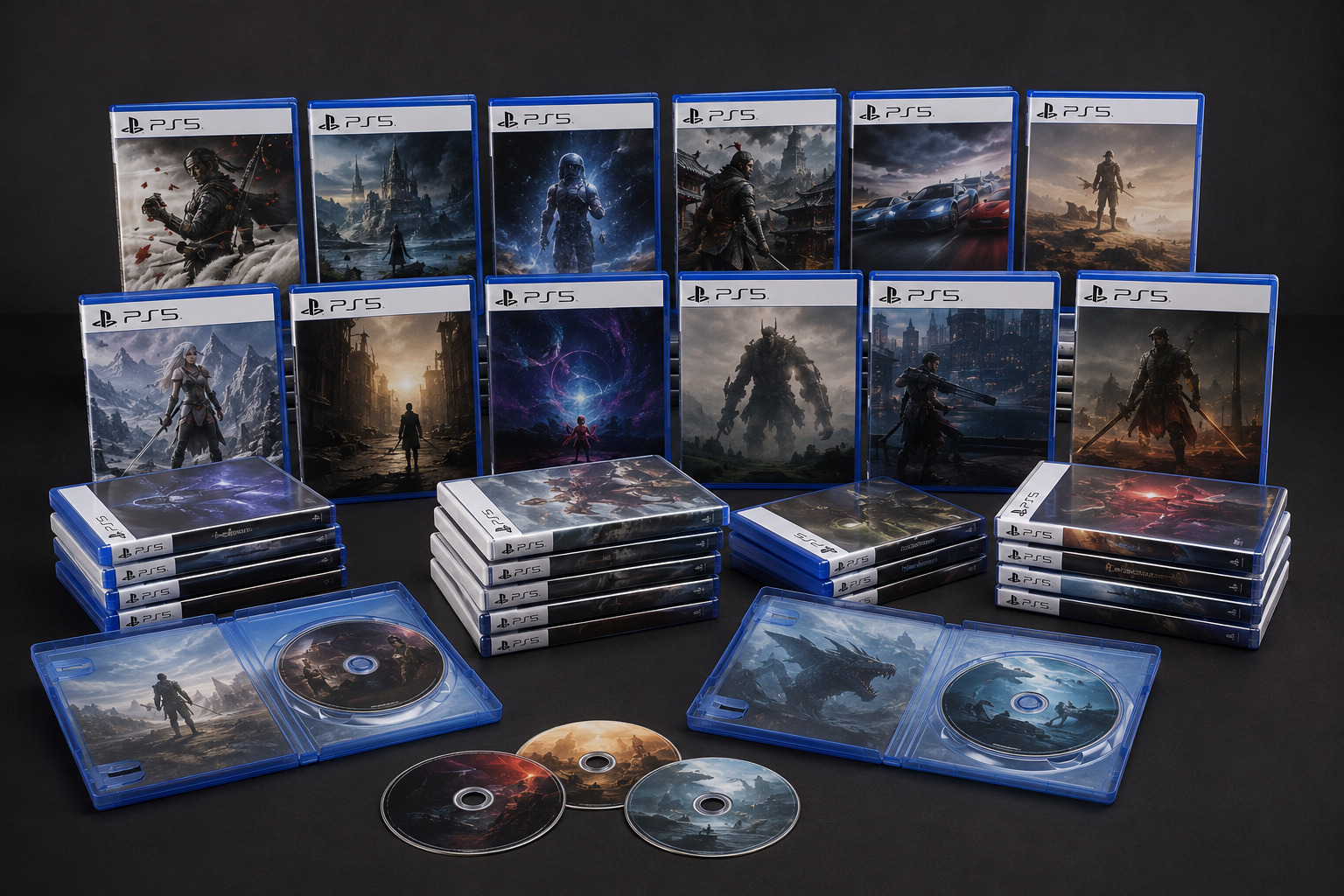 ภาพถ่ายจำลองสมจริงกล่องและแผ่นเกม PlayStation 5 จำนวนมากจัดเรียงเป็นระเบียบ สำหรับหน้ารับซื้อ เครื่องเล่นเกม