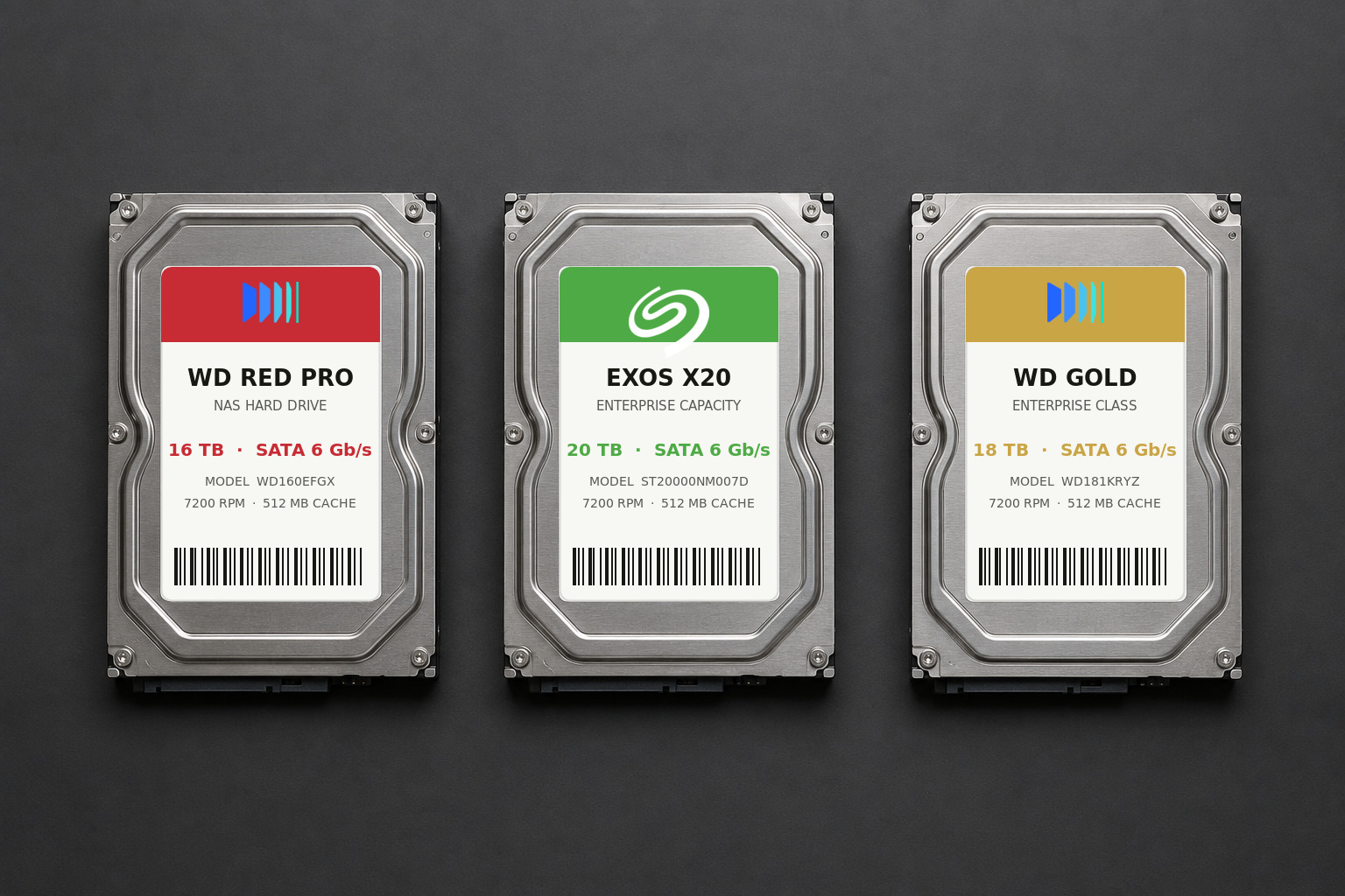 ฮาร์ดดิสก์ 3.5 นิ้วสามลูกพร้อมฉลาก WD Red Pro, Seagate Exos และ WD Gold