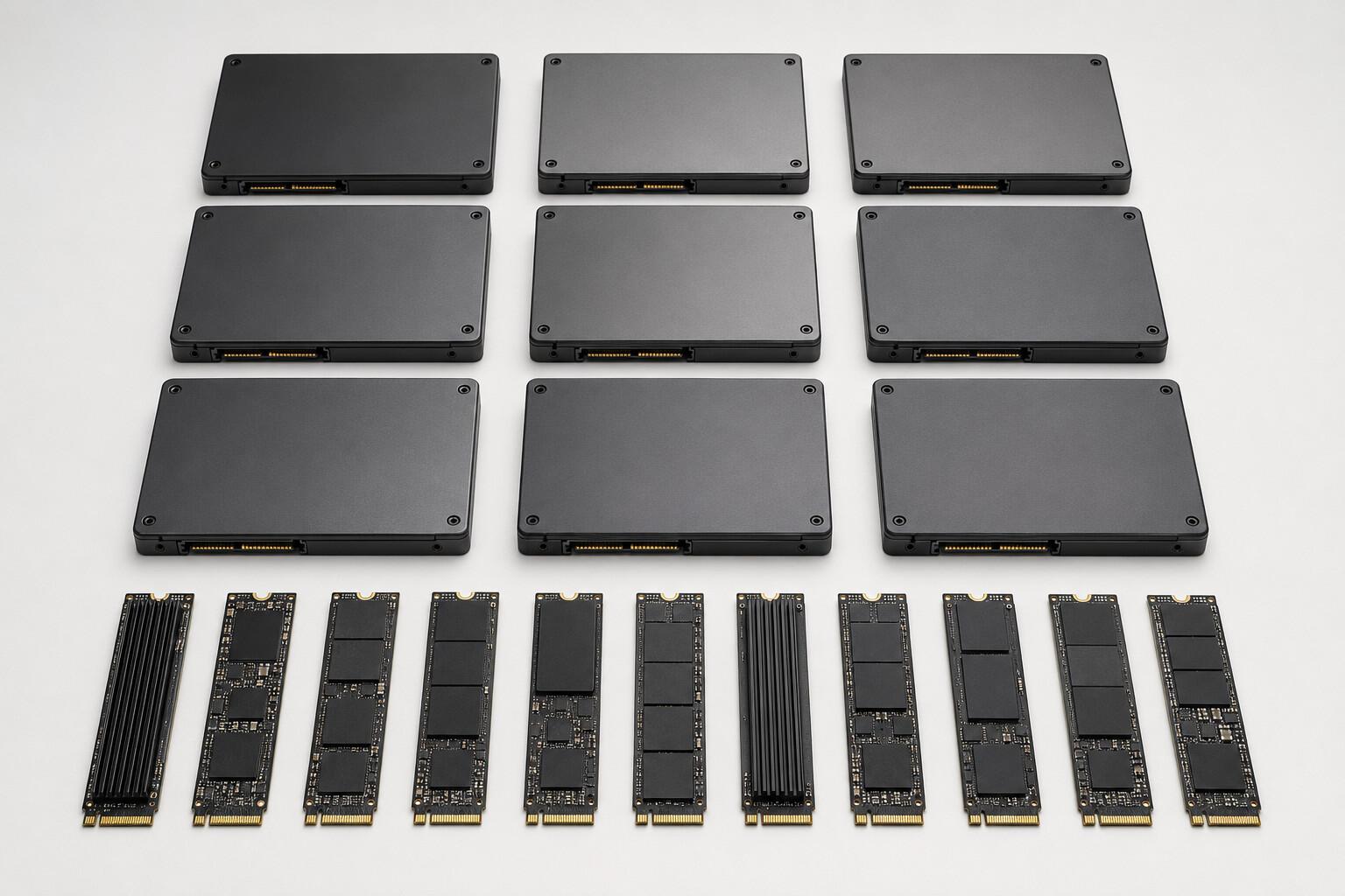 ภาพจำลองสมจริง SSD แบบ 2.5 SATA และ M.2 NVMe หลายชิ้นจัดเรียงเต็มสัดส่วน สำหรับหน้ารับซื้อ ฮาร์ดดิสก์ SSD และ NAS